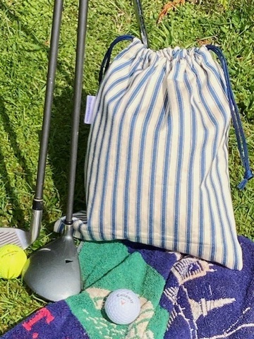 Men's Drawstring Wash Bag, Cotton Ticking - Denim Blue/Cream stripes