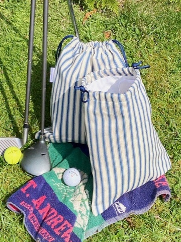 Men's Drawstring Wash Bag, Cotton Ticking - Denim Blue/Cream stripes